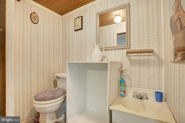 225 Bobby Jones Dr, Etters, PA 17319 - half bathroom featuring wallpapered walls, vanity, and crown molding