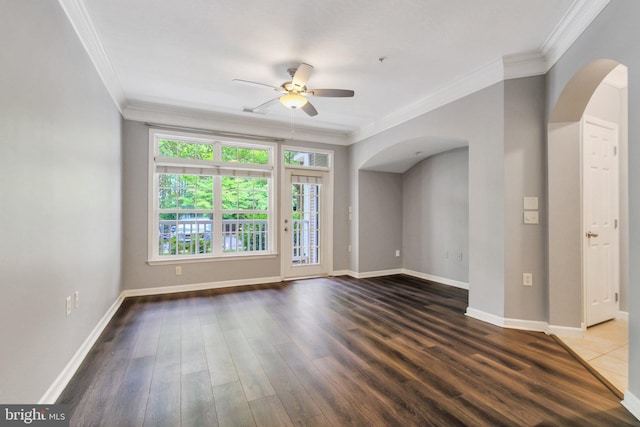 503 Sunset View Ter SE Unit 102, Leesburg, VA 20175 - unfurnished room with arched walkways, ornamental molding, a ceiling fan, and wood finished floors