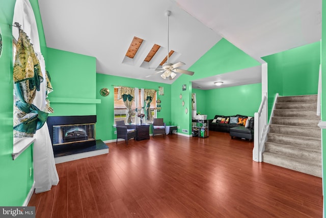 1401 Kenny, Burlington, NJ 08016 - living room featuring a glass covered fireplace, lofted ceiling, stairway, wood finished floors, and a ceiling fan