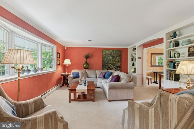 207 Saddle Dr, Furlong, PA 18925 - living area featuring built in shelves, carpet flooring, ornamental molding, and baseboard heating