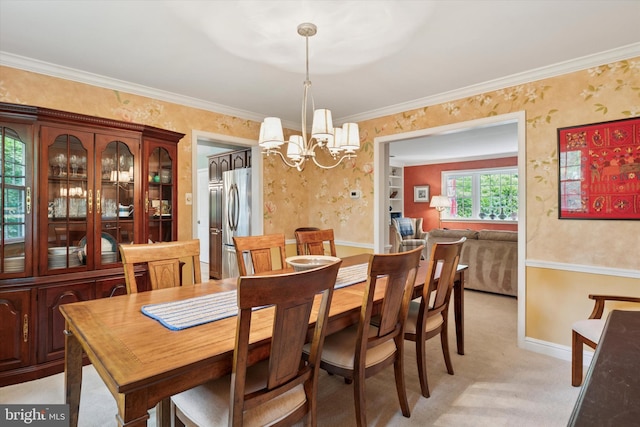 207 Saddle Dr, Furlong, PA 18925 - dining area featuring wallpapered walls, a chandelier, ornamental molding, and light carpet