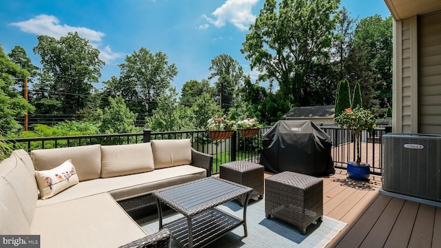 274 W Ashland St, Doylestown, PA 18901 - wooden deck with an outdoor hangout area, grilling area, and view of wooded area
