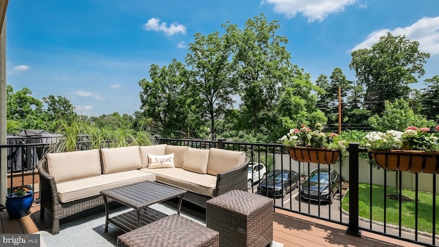 274 W Ashland St, Doylestown, PA 18901 - wooden deck with outdoor lounge area and view of scattered trees