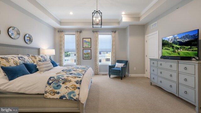 274 W Ashland St, Doylestown, PA 18901 - bedroom with a tray ceiling, ornamental molding, light colored carpet, and recessed lighting