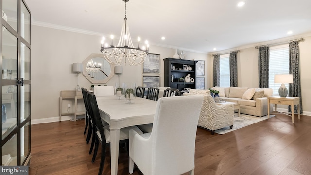 274 W Ashland St, Doylestown, PA 18901 - dining room featuring a chandelier, ornamental molding, wood finished floors, and recessed lighting