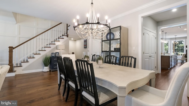 274 W Ashland St, Doylestown, PA 18901 - dining area featuring a chandelier, stairs, dark wood finished floors, crown molding, and recessed lighting