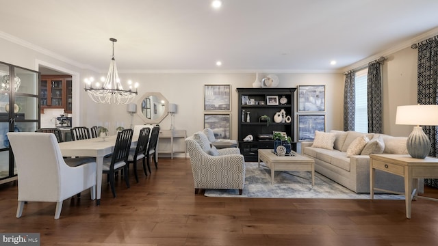 274 W Ashland St, Doylestown, PA 18901 - living room featuring a chandelier, hardwood / wood-style flooring, crown molding, and recessed lighting