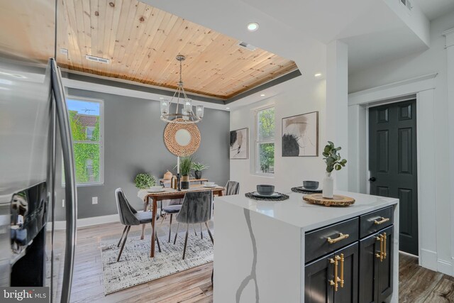 3522 Ellerslie Ave, Baltimore, MD 21218 - kitchen featuring stainless steel refrigerator with ice dispenser, wood ceiling, healthy amount of natural light, light countertops, and wood finished floors