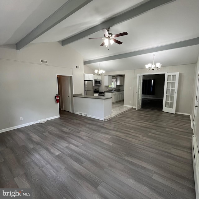 14 Akwaala Trl, Browns Mills, NJ 08015 - unfurnished living room featuring a chandelier, ceiling fan, dark wood-type flooring, and a baseboard radiator