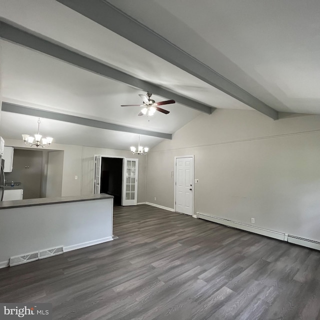 14 Akwaala Trl, Browns Mills, NJ 08015 - unfurnished living room featuring a chandelier, dark wood-type flooring, ceiling fan, and baseboard heating