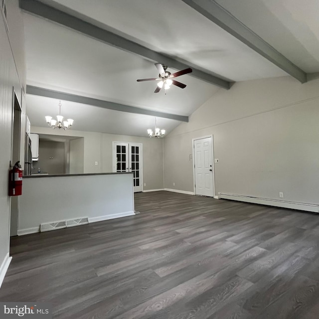 14 Akwaala Trl, Browns Mills, NJ 08015 - unfurnished living room featuring a chandelier, a baseboard heating unit, dark wood-type flooring, ceiling fan, and french doors