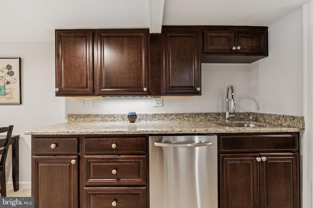 425 16th St SE, Washington, DC 20003 - kitchen featuring stainless steel dishwasher, dark brown cabinetry, light stone countertops, and beamed ceiling