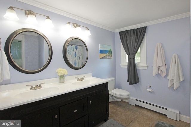 311 Norman Dr, Newark, DE 19702 - full bathroom with a baseboard heating unit, double vanity, crown molding, and a shower with shower curtain