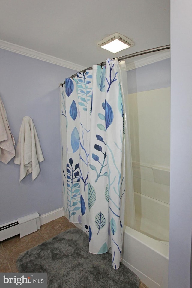 311 Norman Dr, Newark, DE 19702 - full bath featuring crown molding, shower / tub combo, and baseboard heating