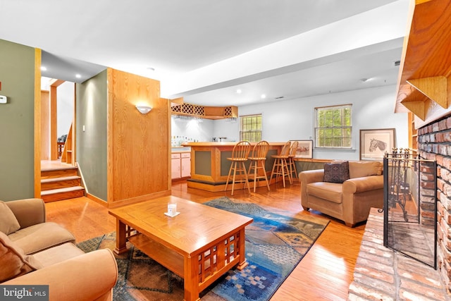 46 Grassy Lake Rd, Shamong, NJ 08088 - living area with wood finished floors, bar, recessed lighting, and stairs
