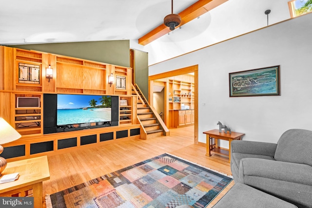 46 Grassy Lake Rd, Shamong, NJ 08088 - living room with wood finished floors, stairway, a ceiling fan, and built in features
