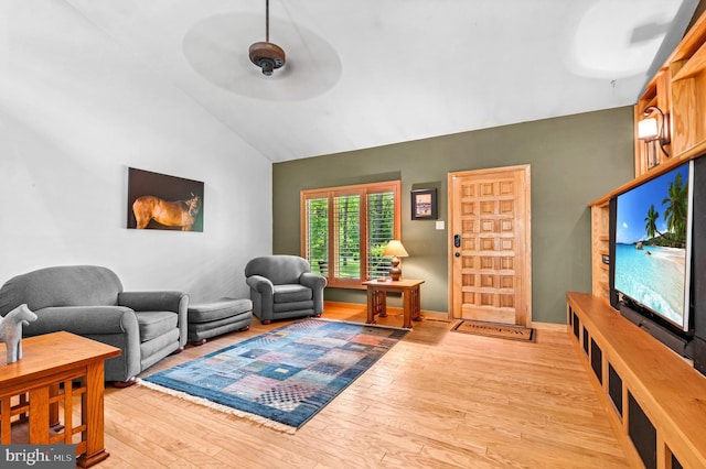 46 Grassy Lake Rd, Shamong, NJ 08088 - living room with light wood finished floors, a ceiling fan, and high vaulted ceiling