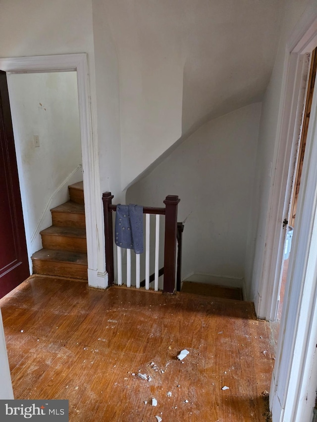 834 N Woodington Rd, Baltimore, MD 21229 - staircase with hardwood / wood-style flooring and vaulted ceiling