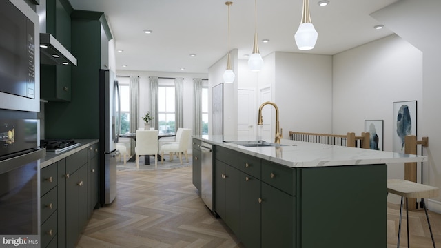 42125 Picasso Sq, Ashburn, VA 20148 - kitchen featuring wall chimney exhaust hood, a center island with sink, freestanding refrigerator, a breakfast bar, and stainless steel dishwasher