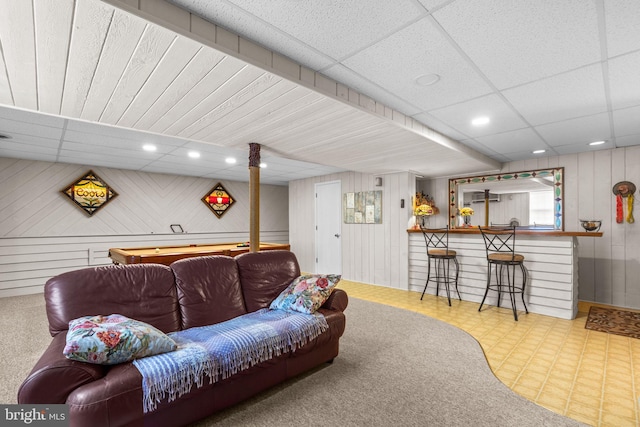 3773 Plum Hill Ct, Ellicott City, MD 21042 - living room with tile patterned floors, a drop ceiling, recessed lighting, and wooden walls