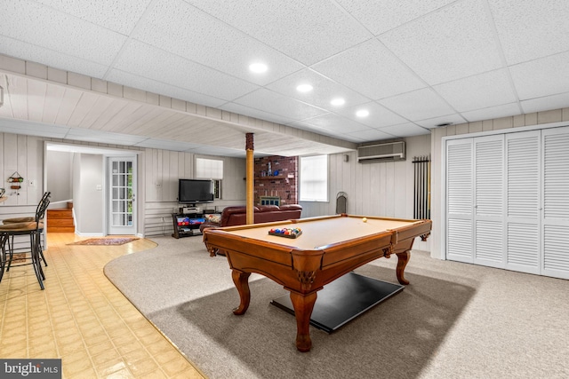 3773 Plum Hill Ct, Ellicott City, MD 21042 - rec room featuring a wall mounted AC, pool table, tile patterned floors, recessed lighting, and wood walls