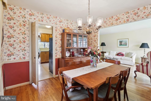 1606 Peacock Ln, Silver Spring, MD 20904 - dining space with wallpapered walls, a chandelier, light wood-type flooring, and wainscoting