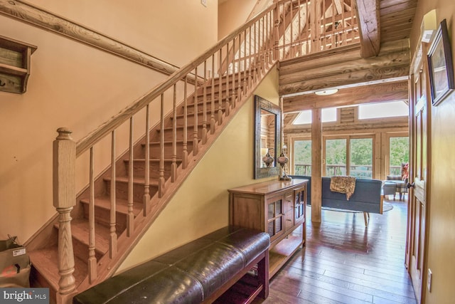 1903 Buck Mountain Rd, Bentonville, VA 22610 - stairway with a high ceiling and wood-type flooring