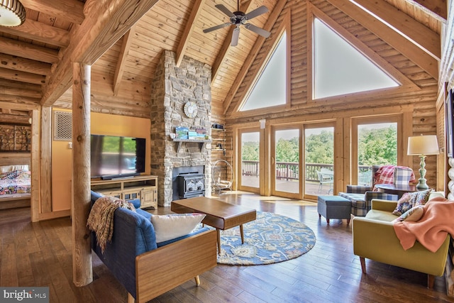1903 Buck Mountain Rd, Bentonville, VA 22610 - living area featuring high vaulted ceiling, a wood ceiling with exposed beams, hardwood / wood-style flooring, log walls, and ceiling fan