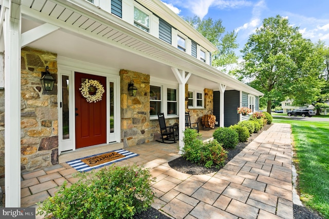 126 Woodview Dr, Doylestown, PA 18901 - entrance to property featuring stone siding and a porch