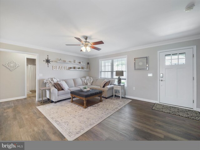 101 Carrera Ct, Inwood, WV 25428 - living area with dark wood-style flooring, crown molding, ceiling fan, and healthy amount of natural light