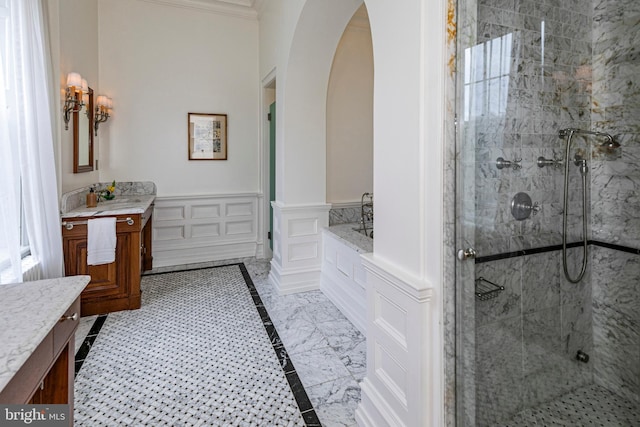 15 Hodge Rd, Princeton, NJ 08540 - full bathroom with vanity, inlaid floor details, a stall shower, a decorative wall, and a garden tub