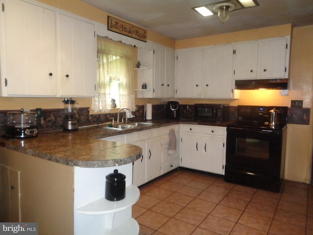 4350 Back Maitland Rd, Mcclure, PA 17841 - kitchen featuring black appliances, under cabinet range hood, open shelves, white cabinetry, and light tile patterned floors