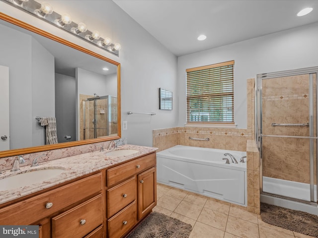 158 Dinwiddie Way, Kearneysville, WV 25430 - full bathroom featuring tile patterned flooring, a garden tub, a shower stall, double vanity, and recessed lighting