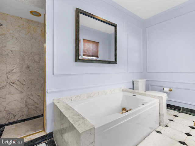 4332 N Charles St, Baltimore, MD 21218 - bathroom featuring a tub with jets, a decorative wall, tiled shower, and ornamental molding