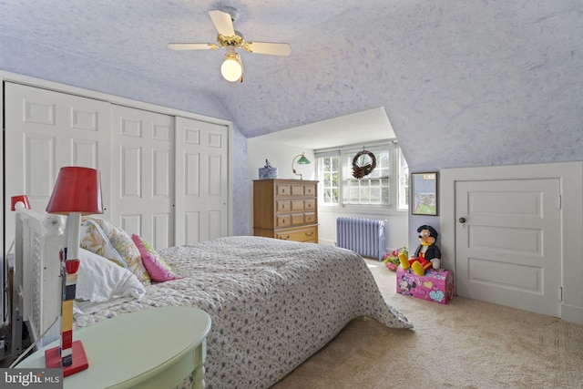 4332 N Charles St, Baltimore, MD 21218 - bedroom featuring radiator heating unit, lofted ceiling, carpet, a closet, and ceiling fan