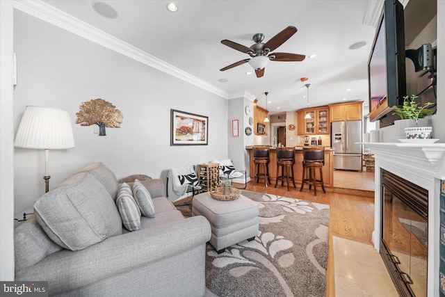 1406 Hamilton St, Wilmington, DE 19806 - living room with ceiling fan, recessed lighting, light wood-style floors, and crown molding