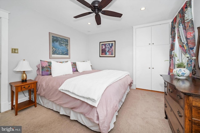 1406 Hamilton St, Wilmington, DE 19806 - bedroom featuring recessed lighting, light carpet, a closet, and ceiling fan