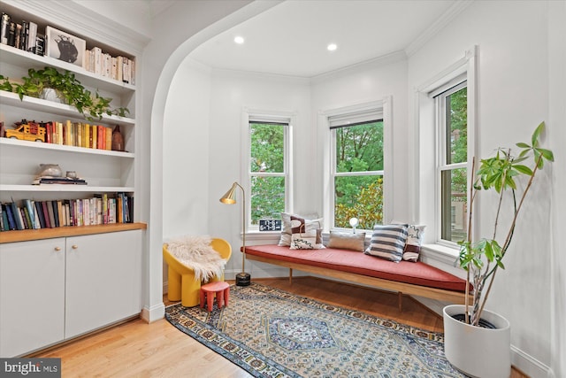 7 U St NW, Washington, DC 20001 - living area featuring light wood-style flooring, plenty of natural light, crown molding, recessed lighting, and arched walkways