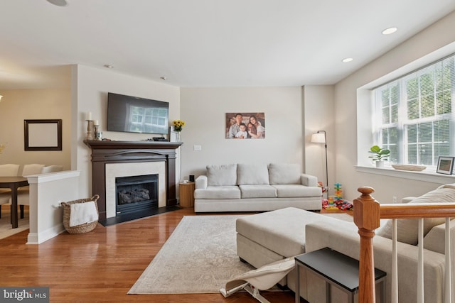 31 Hoag Ln, Aston, PA 19014 - living area featuring wood finished floors, a fireplace with flush hearth, and recessed lighting