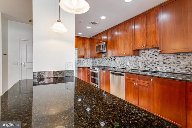 3650 S Glebe Rd Unit 239, Arlington, VA 22202 - kitchen featuring appliances with stainless steel finishes, tasteful backsplash, dark stone countertops, and recessed lighting