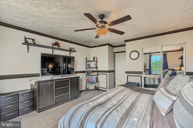 840 W Spring Meadow Ct, Edgewood, MD 21040 - bedroom with carpet flooring, a textured ceiling, ceiling fan, ornamental molding, and wainscoting