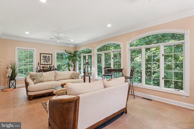 1508 Cornerstone Ct, Crownsville, MD 21032 - living area with light tile patterned flooring, a ceiling fan, recessed lighting, and crown molding