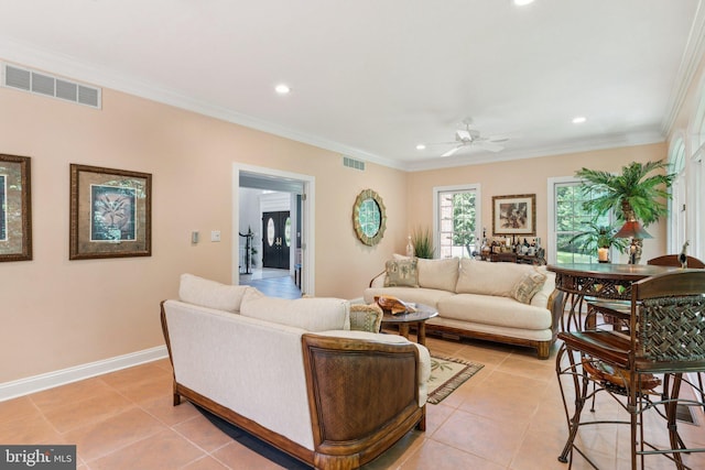1508 Cornerstone Ct, Crownsville, MD 21032 - living area featuring ceiling fan, light tile patterned floors, recessed lighting, and crown molding