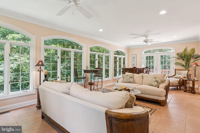 1508 Cornerstone Ct, Crownsville, MD 21032 - living room with ceiling fan, light tile patterned floors, crown molding, recessed lighting, and french doors