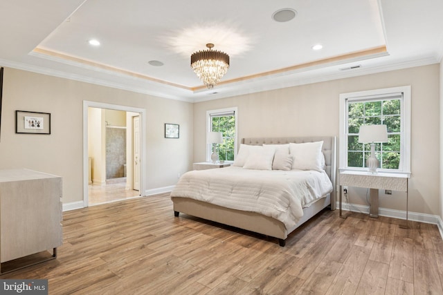 1508 Cornerstone Ct, Crownsville, MD 21032 - bedroom with a raised ceiling, light wood-style flooring, multiple windows, ornamental molding, and recessed lighting