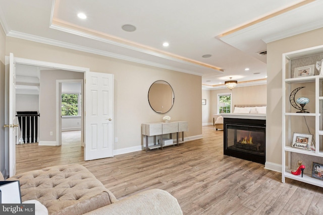 1508 Cornerstone Ct, Crownsville, MD 21032 - living area featuring light wood-style flooring, crown molding, a glass covered fireplace, recessed lighting, and a raised ceiling