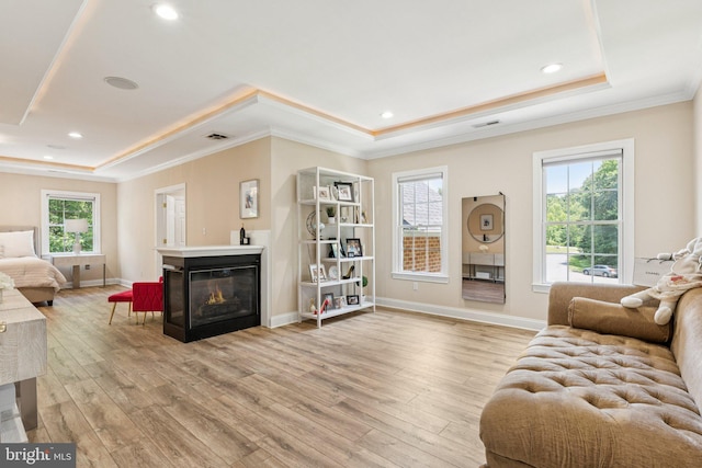 1508 Cornerstone Ct, Crownsville, MD 21032 - living area with a raised ceiling, light wood finished floors, a glass covered fireplace, ornamental molding, and recessed lighting