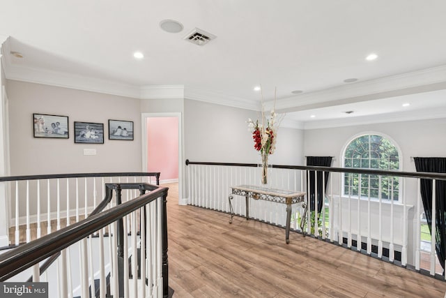 1508 Cornerstone Ct, Crownsville, MD 21032 - corridor featuring wood finished floors, an upstairs landing, recessed lighting, and ornamental molding