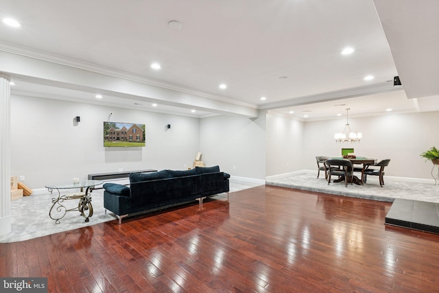 1508 Cornerstone Ct, Crownsville, MD 21032 - living area with hardwood / wood-style flooring, recessed lighting, a chandelier, and ornamental molding