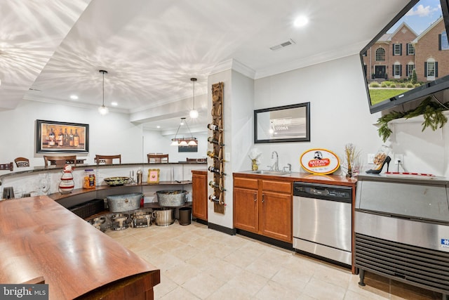 1508 Cornerstone Ct, Crownsville, MD 21032 - kitchen with dishwasher, crown molding, brown cabinets, recessed lighting, and hanging light fixtures